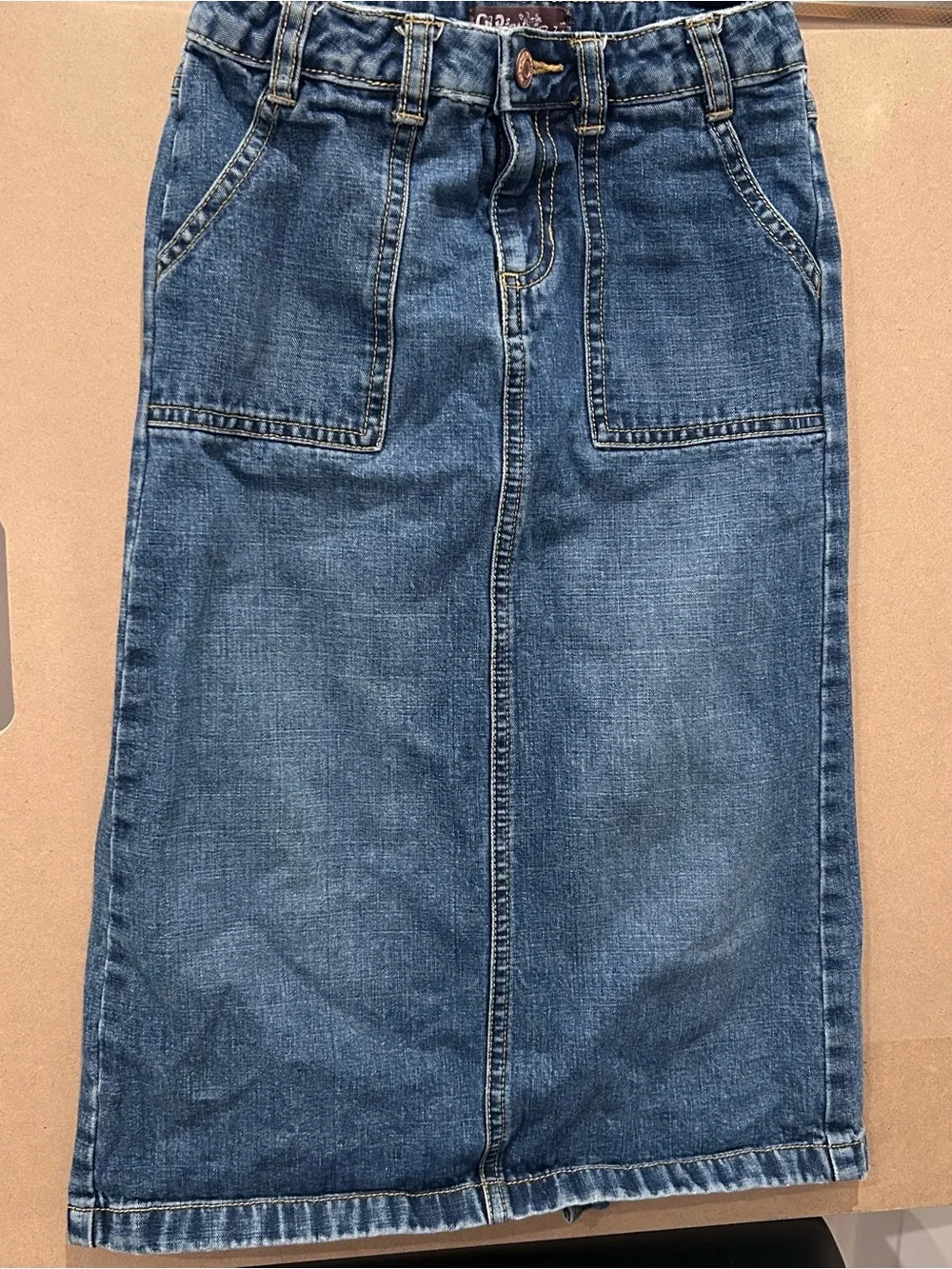 Old Navy Girls 7 Denim Midi Skirt Utility Pocket Blue Jean Y2K